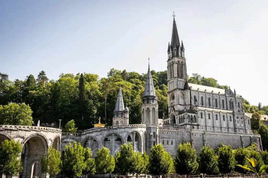 View of Lourdes Basilica and the river below