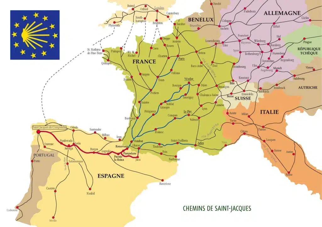 Map of the Camino de Santiago, showing the route from Biarritz to Saint Jean Pied de Port."