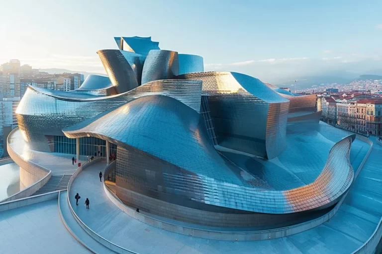 Close-up view of the Guggenheim Museum’s iconic architecture in Bilbao.