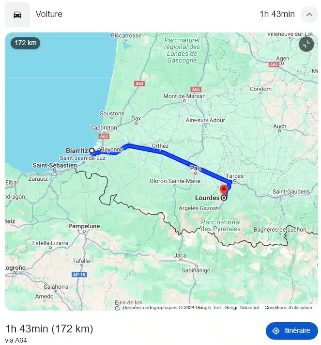 Carte du trajet entre Biarritz et Lourdes via l'autoroute A64