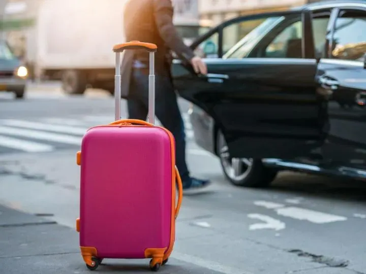 Pink suitcase beside Biarritz taxi