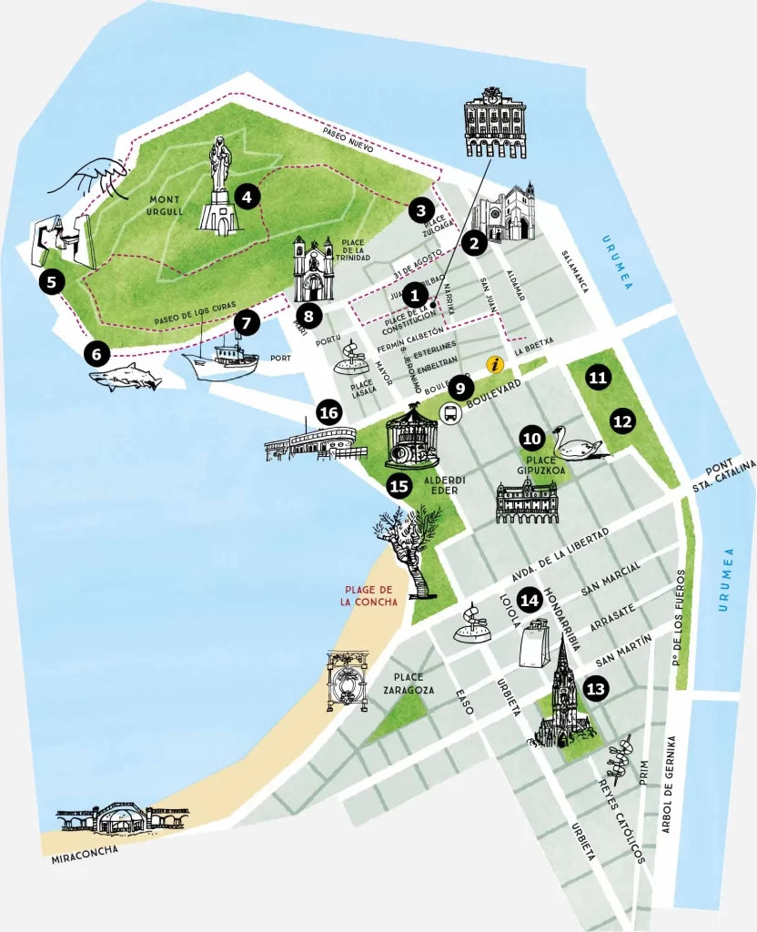 A detailed map of San Sebastian's main attractions