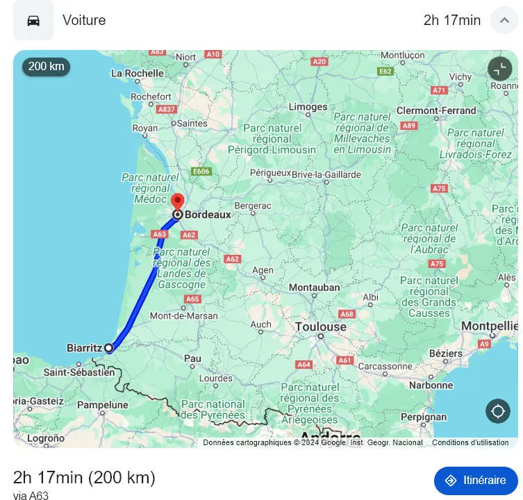 Transfer route from Biarritz to Bordeaux via A63 highway