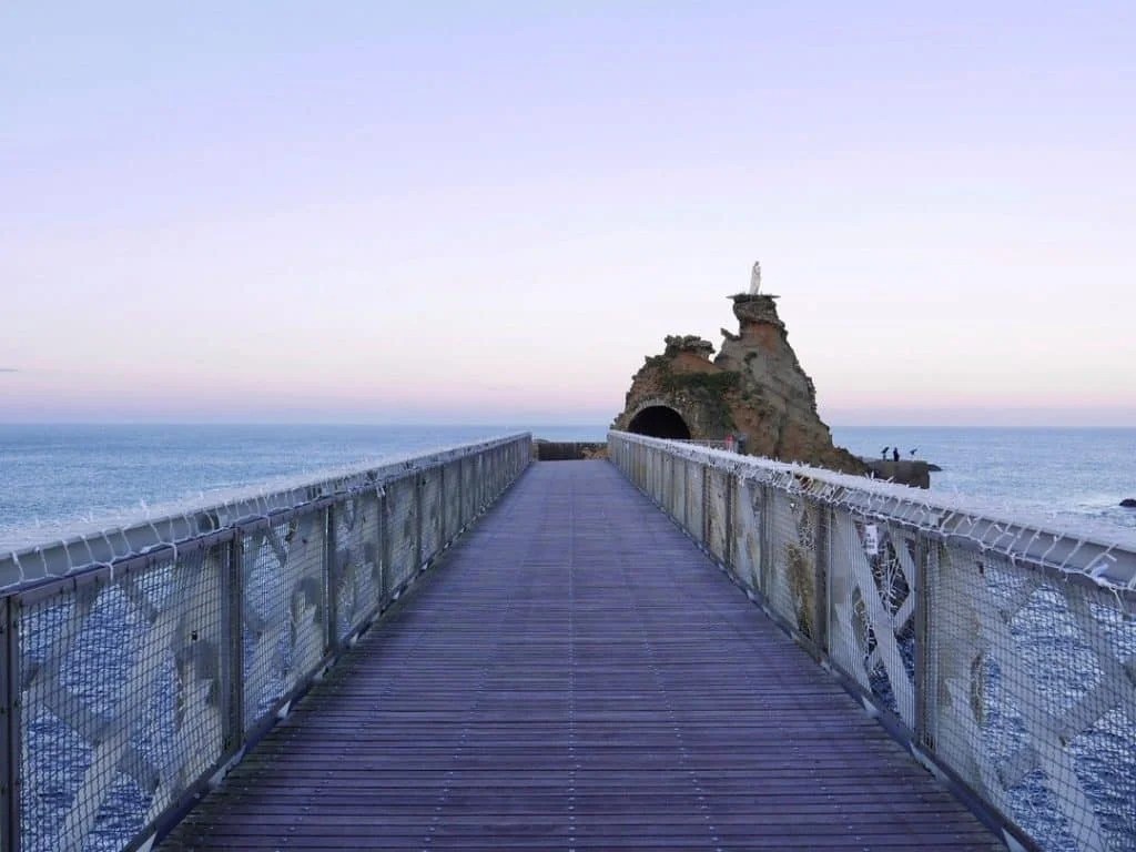 Footbridge to the Rock of the Virgin in Biarritz overlooking the Atlantic at sunrise