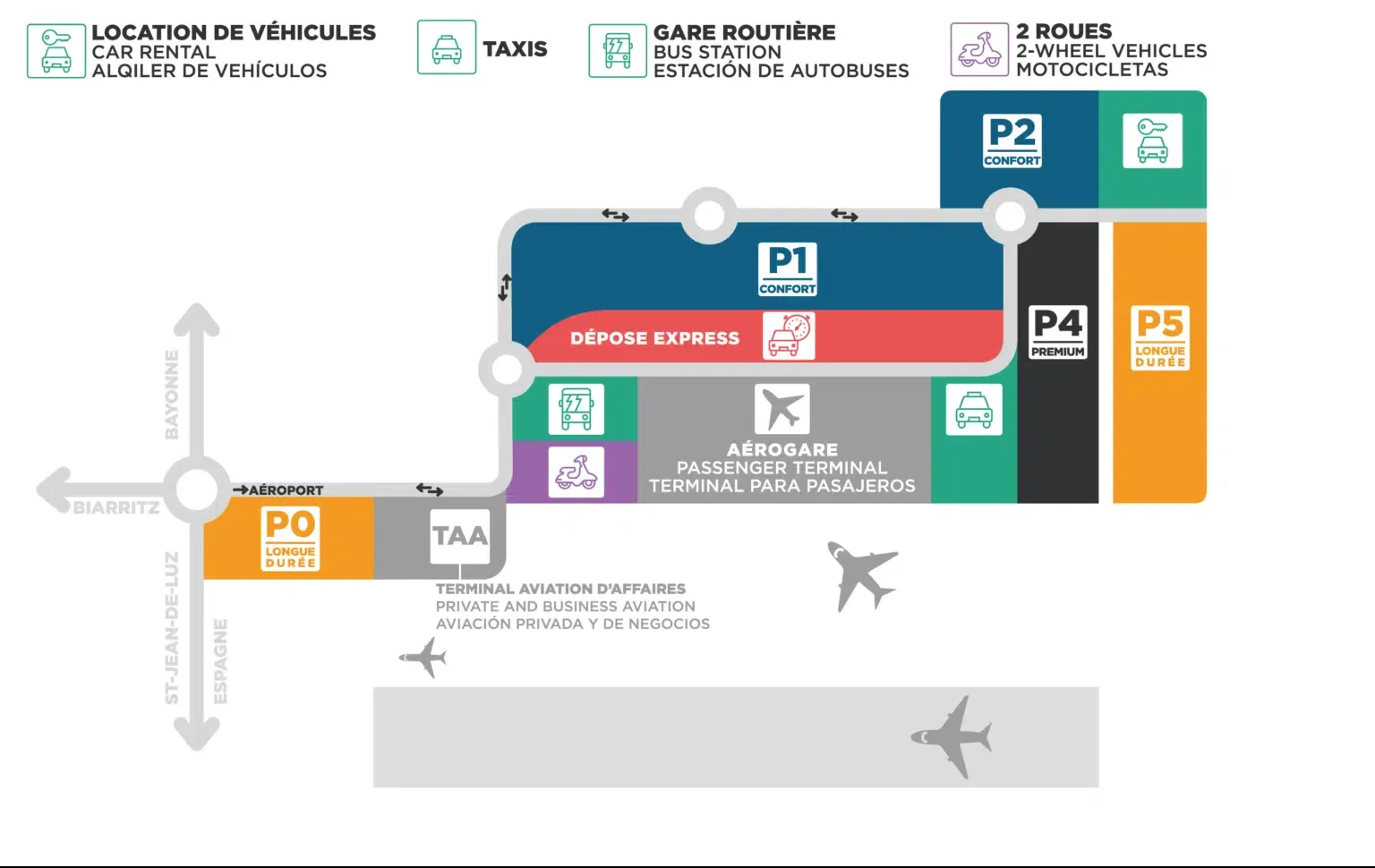 Map of parking and pickup areas at Biarritz Airport (BIQ)