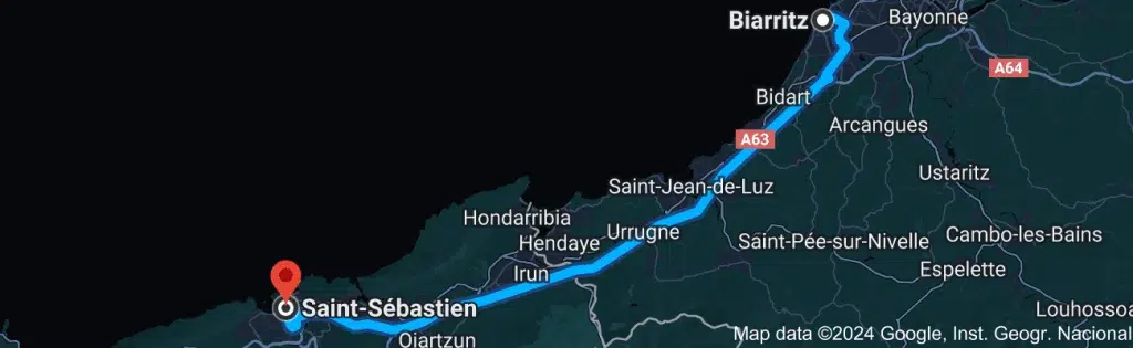 Map showing the itinerary from Biarritz, France, to San Sebastian, Spain.