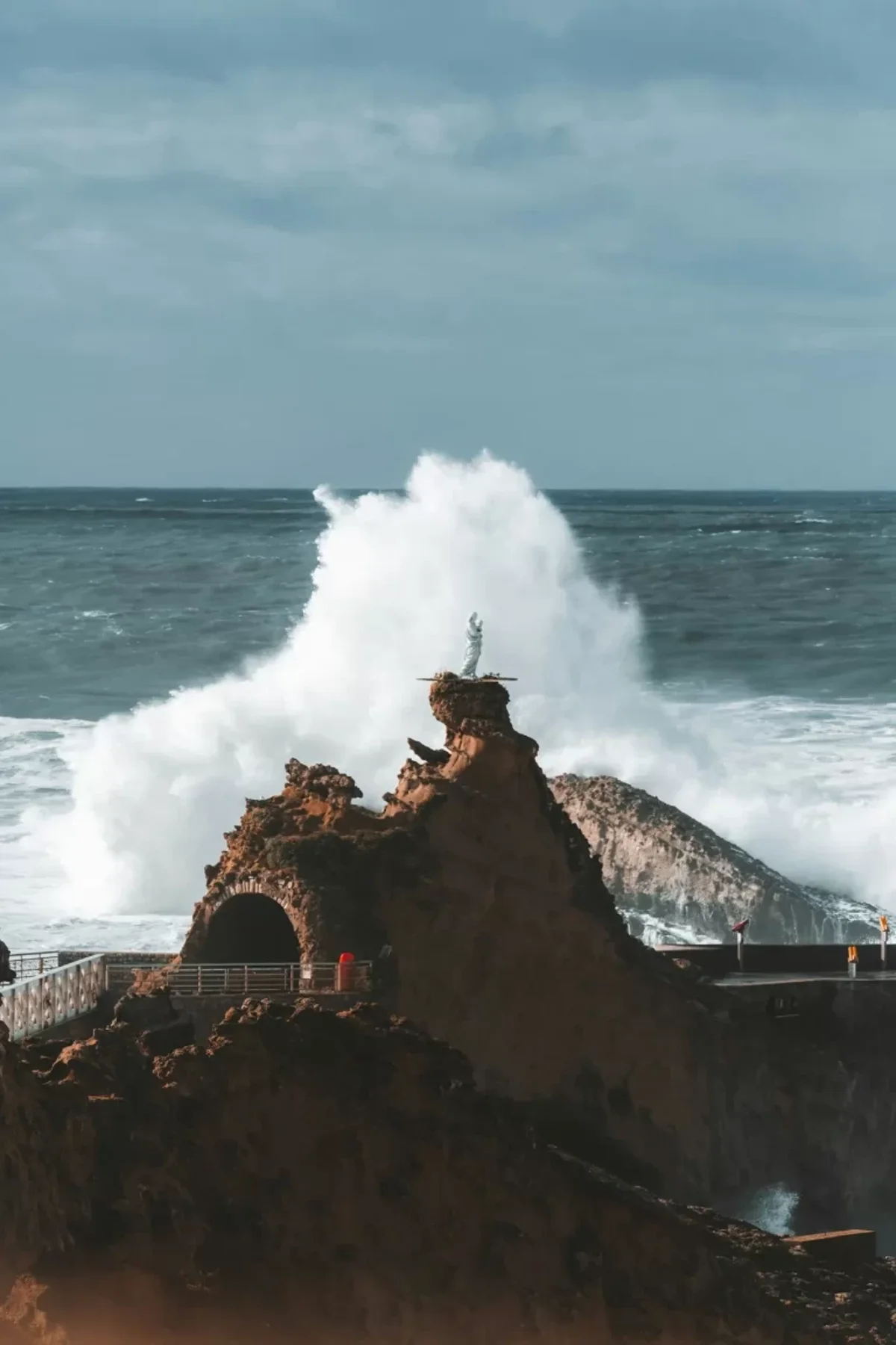Rock of the Virgin with waves crashing in Biarritz