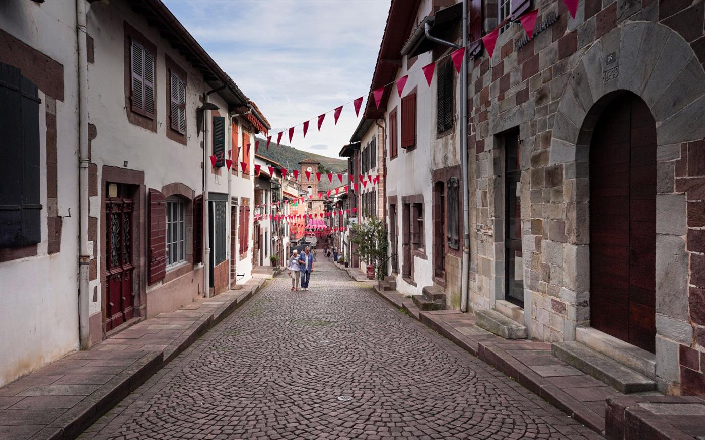 Scenic street view in Saint Jean Pied de Port with traditional Basque houses