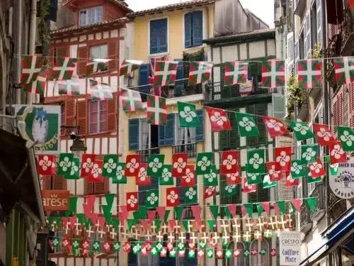Bayonne street decorated with Basque flags during local festivities