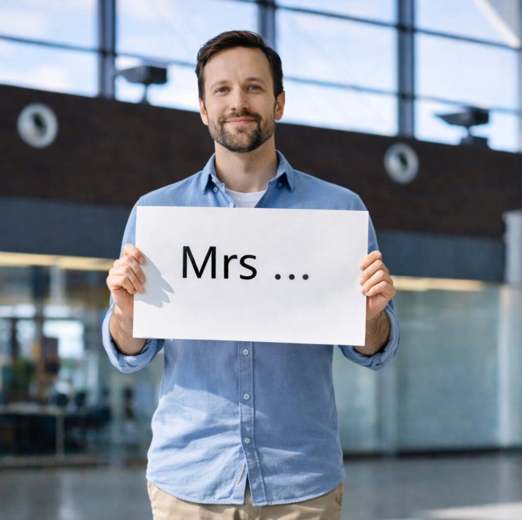 Biarritz taxi driver holding nameplate at airport – meet and greet service