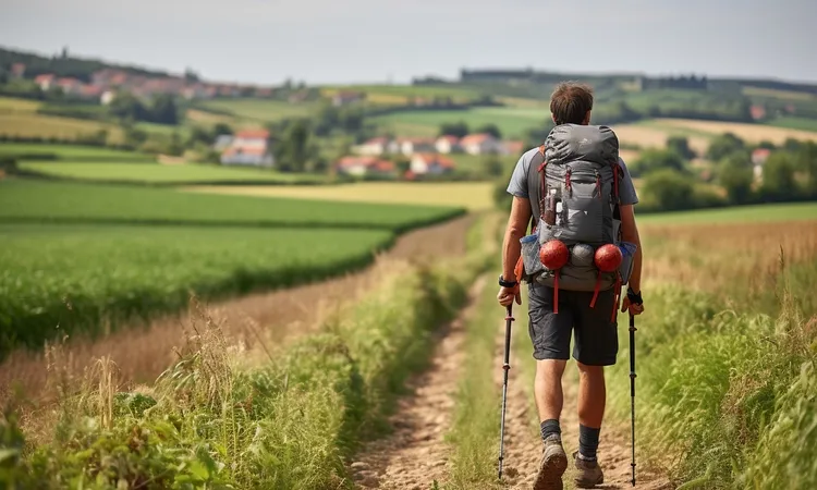 Camino pilgrim walking in the countryside near Saint-Jean-Pied-de-Port