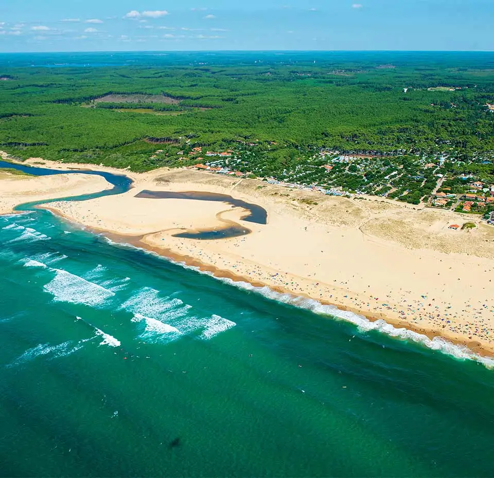 Biarritz airport transfer to Camping Les Cigales Moliets-et-Maa – aerial view beach and surf