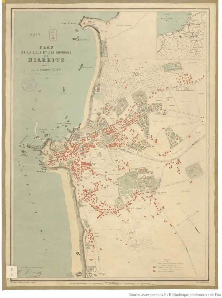 Plan ancien ville de Biarritz 1884 Ardoin carte historique Côte Basque