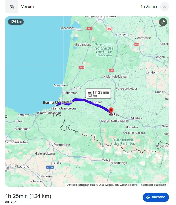 itinéraire en taxi entre biarritz et pau via A64