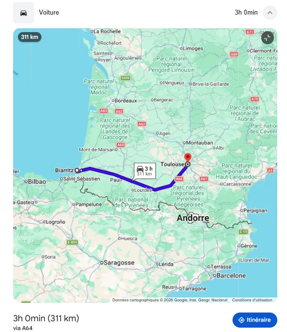 itinéraire en taxi entre biarritz et toulouse via A64