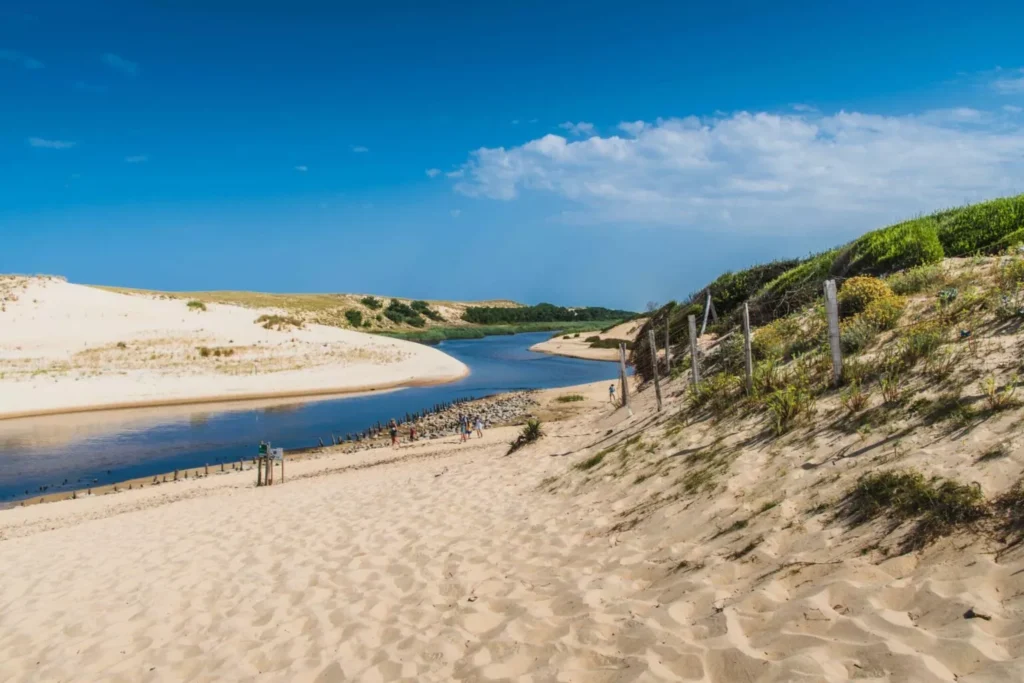Sand dunes and river estuary Landes coast near Messanges Camping Le Vieux Port transfer from Biarritz airport